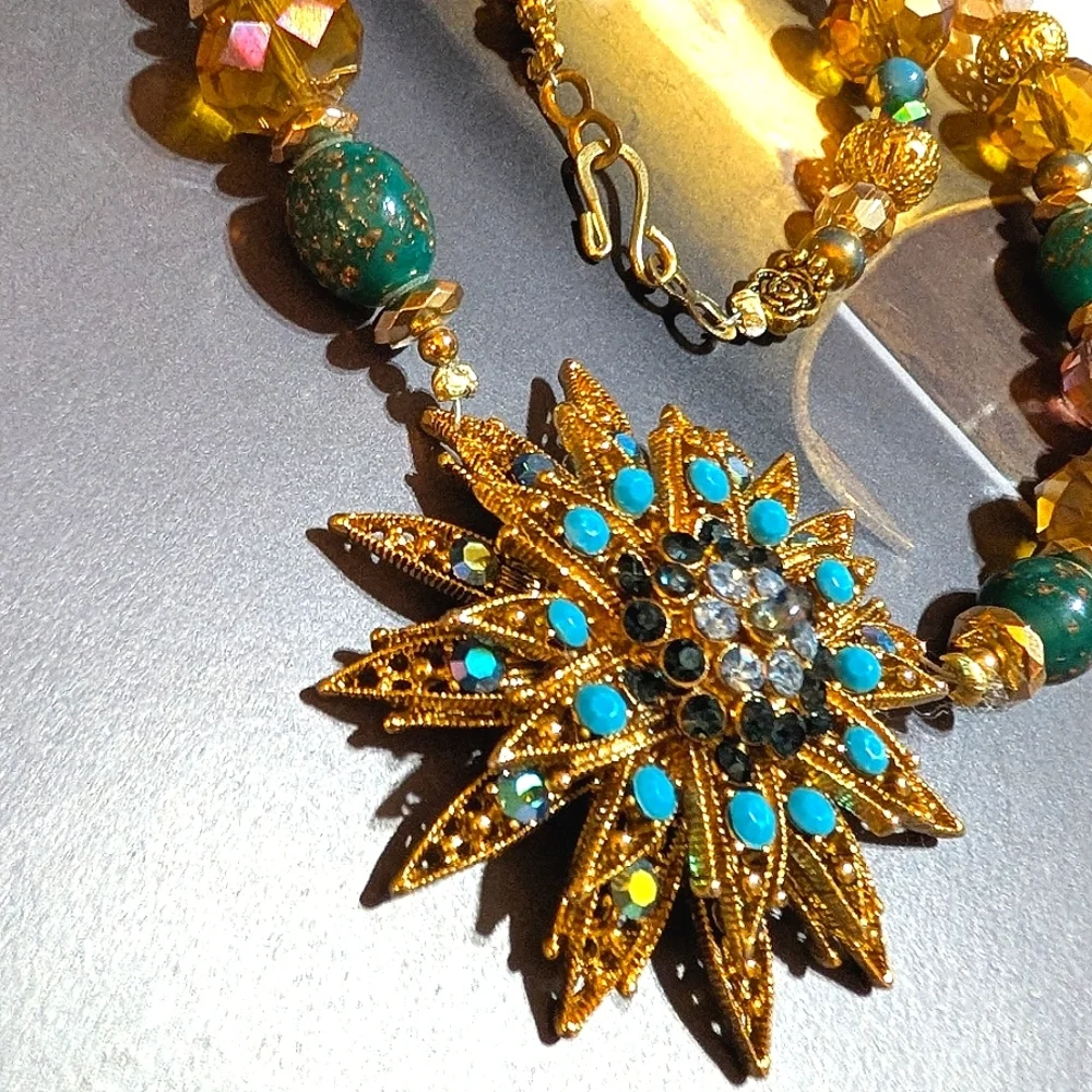 1950s Starburst Crystal, Rhinestone, Glass Beads, Necklace